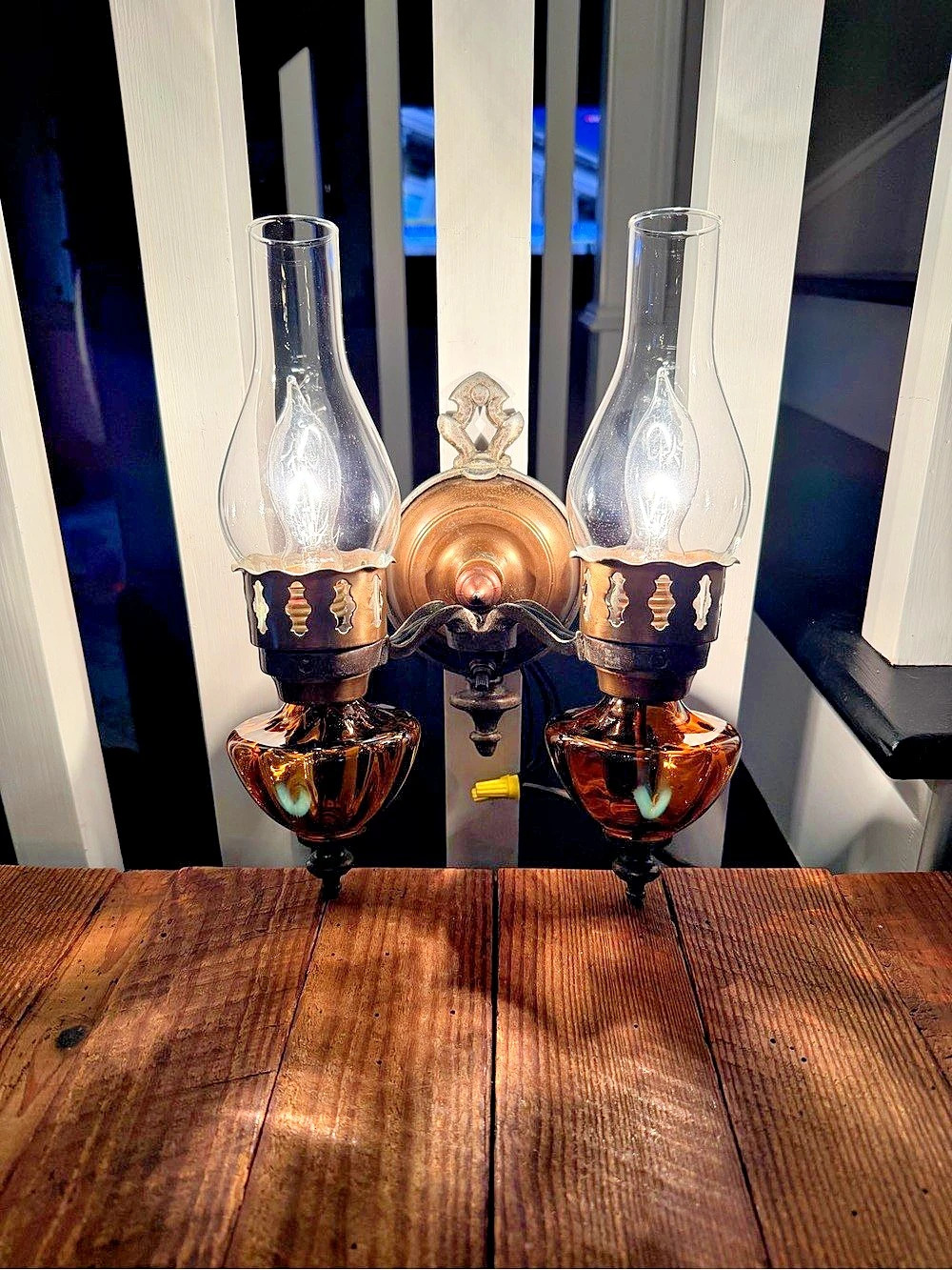 Vintage Double Electric Wall Sconce with Amber Glass